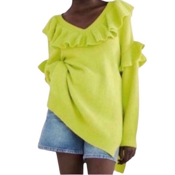 Zara Green Ruffled Long-sleeve Oversized Tunic Sweater(Size M-L) - Picture 4 of 8